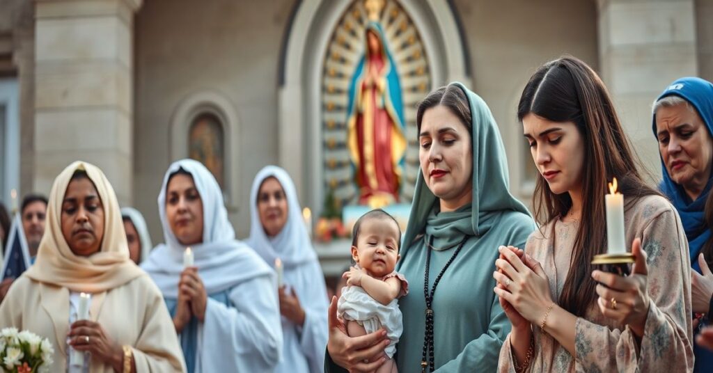 Grupa wiernych katolików modli się przed kościołem z malutkim dzieckiem w ramionach matki, symbolizując świętość życia. W tle rzeźba Matki Bożej z Guadalupe.