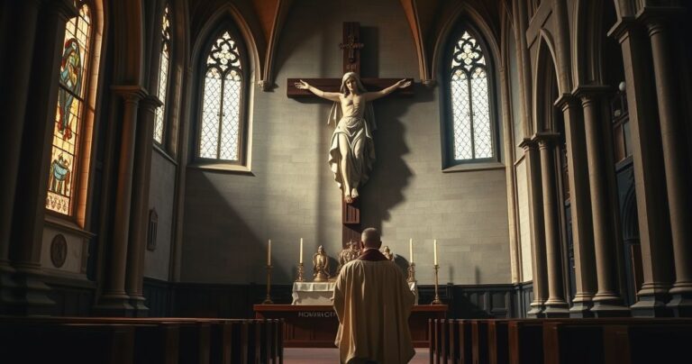 Rewerentne zdjęcie katolickiego kapłana modlącego się w kościele przy figurze Matki Bożej Częstochowskiej, symbolizujące konieczność powrotu pod panowanie Chrystusa Króla.
