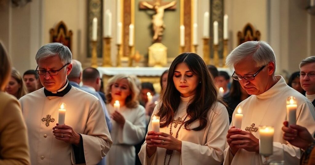 Grupa katolików modli się przed ołtarzem w kościele, trzymając świece i różańce, wyrażając głęboką wiarę i opór wobec kultury śmierci.