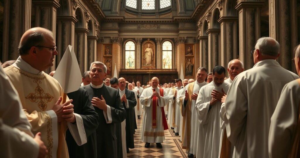 Religijne, realistyczne zdjęcie katolickich duchownych i wiernych podczas modlitwy w tradycyjnej świątyni, symbolizujące powrót do prawdziwych wartości Kościoła