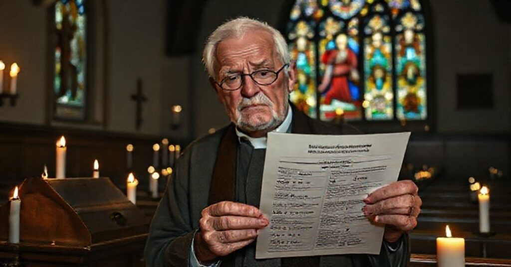 Stojący starszy mężczyzna w tradycyjnym katolickim wnętrzu trzymający raport medyczny z groźnymi statystykami na temat szczepionki Pfizera mRNA. Scena jest poważna i wierząca.
