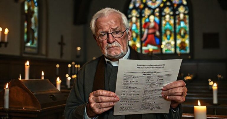 Stojący starszy mężczyzna w tradycyjnym katolickim wnętrzu trzymający raport medyczny z groźnymi statystykami na temat szczepionki Pfizera mRNA. Scena jest poważna i wierząca.
