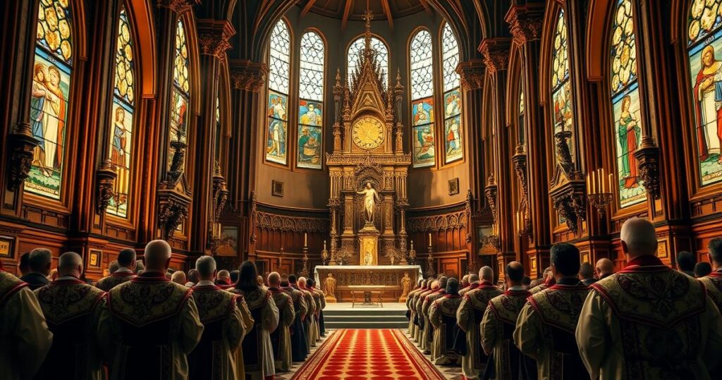 Rełaciwny obraz katolickiego nabożeństwa z kapłanami adorującymi Eucharystię w tradycyjnym kościele