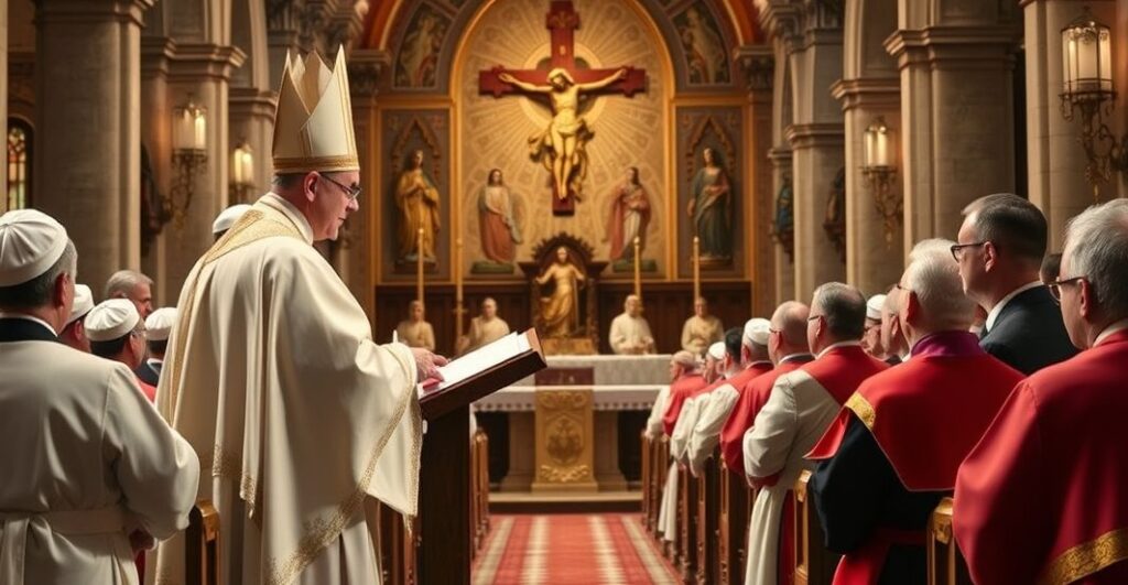 Religia katolicka w tradycyjnym, poważnym ujęciu podczas nabożeństwa z duchownymi w strojach liturgicznych, krytycznie ukazująca odchylenia od nauki Kościoła, z naciskiem na autorytet papieża i sprzeciw wobec ekumenizmu.