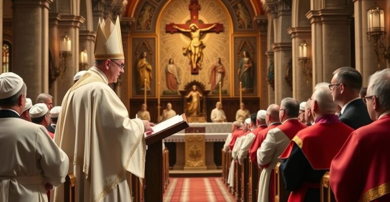 Religia katolicka w tradycyjnym, poważnym ujęciu podczas nabożeństwa z duchownymi w strojach liturgicznych, krytycznie ukazująca odchylenia od nauki Kościoła, z naciskiem na autorytet papieża i sprzeciw wobec ekumenizmu.