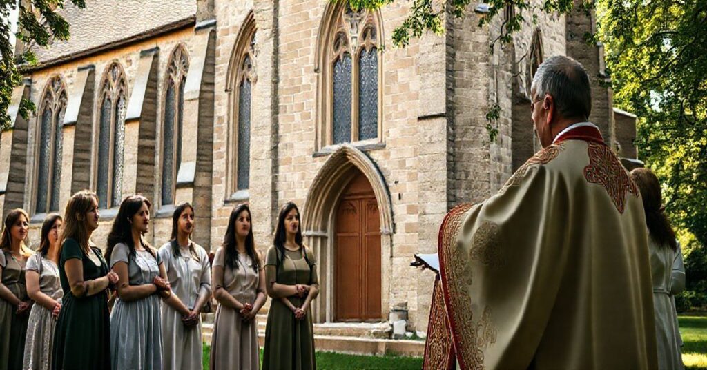 Obraz wiernych katolickich na zewnątrz, słuchających kapłana w liturgicznych szatach podczas nabożeństwa na tle starego kościoła