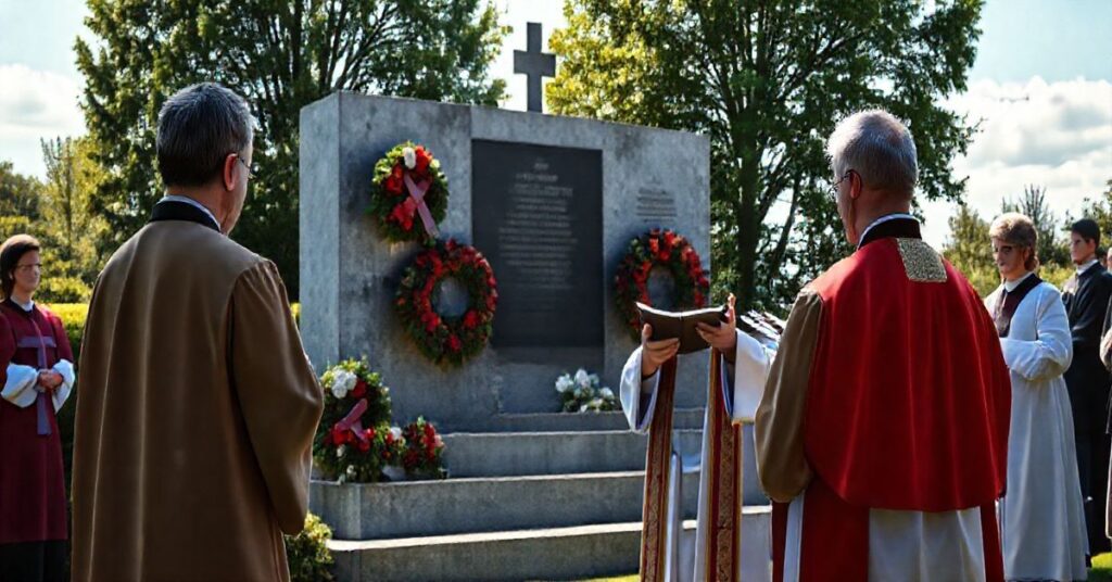 Realistyczne zdjęcie katolickiego nabożeństwa przy pomniku wojennym, z duchownymi w liturgicznych strojach, modlącymi się w skupieniu podczas uroczystości patriotycznej