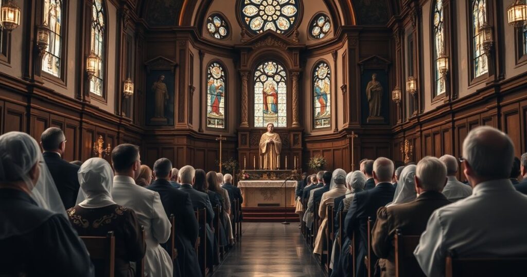 Obraz realistycznej katolickiej świątyni podczas nabożeństwa z wiernymi i kapłanem, oddający atmosferę religijnej pobożności
