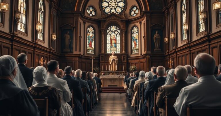 Obraz realistycznej katolickiej świątyni podczas nabożeństwa z wiernymi i kapłanem, oddający atmosferę religijnej pobożności