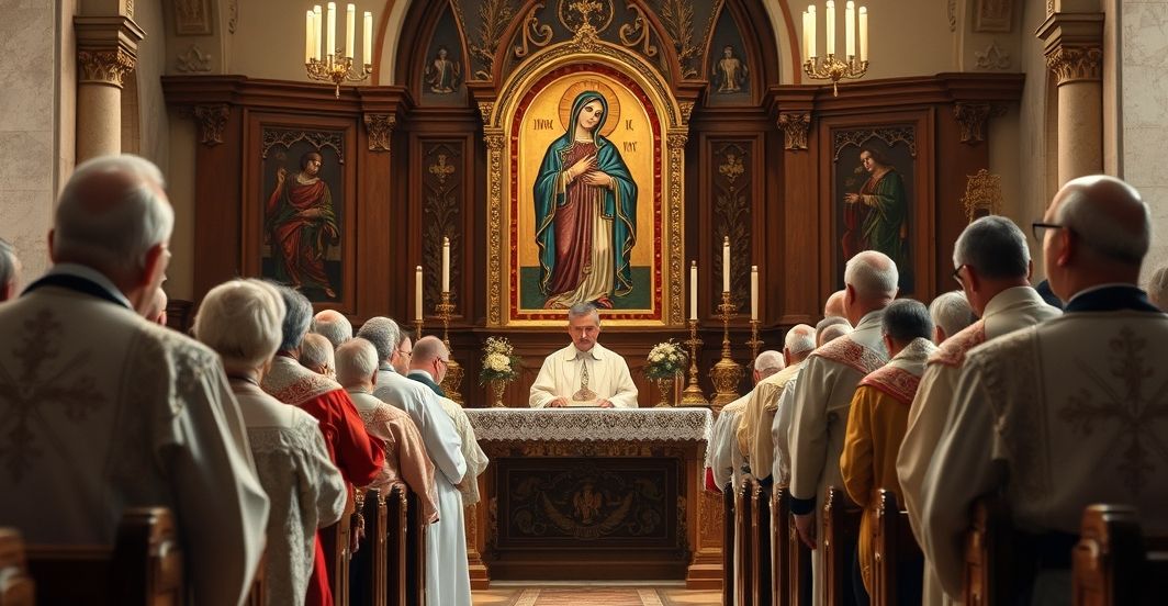Uroczystość katolicka w intencji Sybiraków z obrazem Matki Bożej Syberyjskiej Rewersyjny obraz katolickiego nabożeństwa, z wiernymi i obrazem Matki Bożej Syberyjskiej, ukazujący powagę i wiarę zgodną z tradycją katolicką