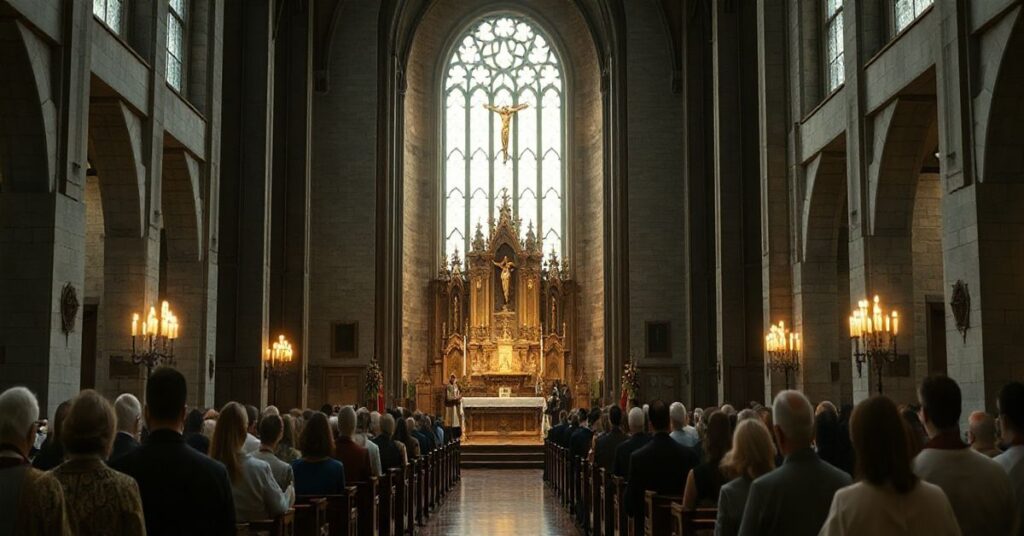 Realistyczne zdjęcie katolickiej świątyni podczas nabożeństwa, skupiające się na pokorze i tradycji, z kapłanami w liturgicznych szatach i wiernymi modlącymi się w głębokim skupieniu.