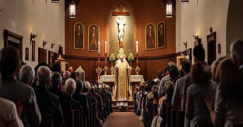 Tradycyjne katolickie zgromadzenie w kościele z udziałem wiernych modlących się przed Najświętszym Sercem Jezusa