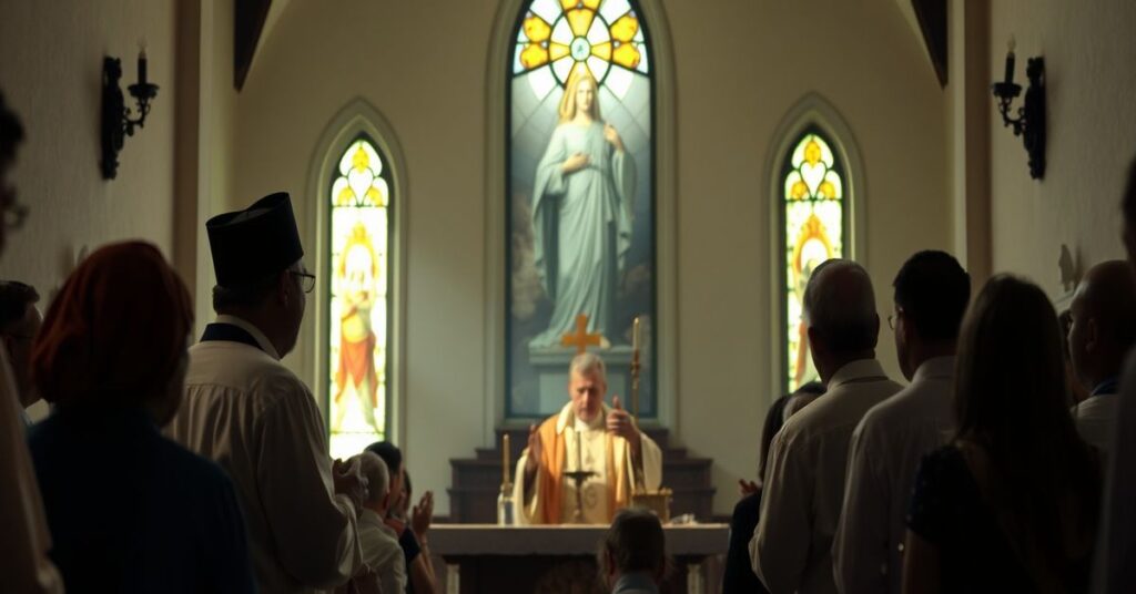 Tradycyjne katolickie nabożeństwo w kaplicy z widocznym obrazem Chrystusa Kraka podczas upadku dyktatur w Wenezueli i Nikaragui