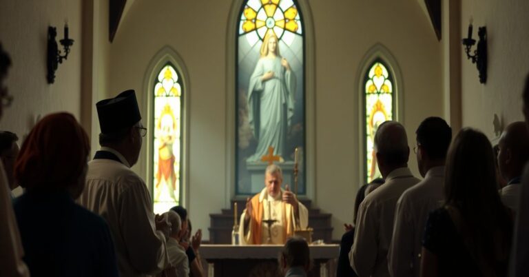 Tradycyjne katolickie nabożeństwo w kaplicy z widocznym obrazem Chrystusa Kraka podczas upadku dyktatur w Wenezueli i Nikaragui