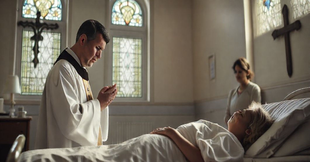 Prawdziwe katolickie posługi chorym: Kapłan udziela namaszczenia chorym w tradycyjnym otoczeniu kościelnym.