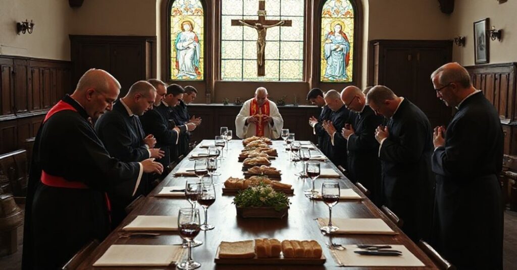 Zdjęcie przedstawiaje grupę katolickich nauczycieli podczas modlitwy w seminarium duchownym. Scena podkreśla tradycyjne wartości katolickie w edukacji religijnej.