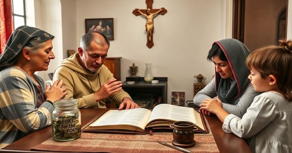 Tradycyjna katolicka rodzina modląca się w domu z Biblią i skarbonką na pomoc biednym