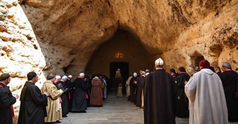 Pielgrzymi katolickie modlący się w Grocie Narodzenia w Betlejem podczas renowacji monitorowanej przez Mahmuda Abbasa i fałszywego papieża Leona XIV.