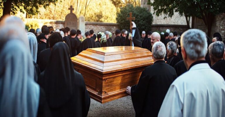 Solemne katolickie pogrzebowe pochowanie z tradycyjną trumną, otoczone przez żałobników w czerni, z księdzem na czele, trzymającym krzyż. Scena rozgrywa się na cmentarnym terenie kościelnym, z widocznym nagrobkiem na tle, podkreślającym świętość pogrzebu i nadzieję zmartwychwstania. Nastroj jest poważny i godny, odzwierciedlając tradycyjne katolickie nauczanie o godności ciała ludzkiego i obietnicy życia wiecznego.