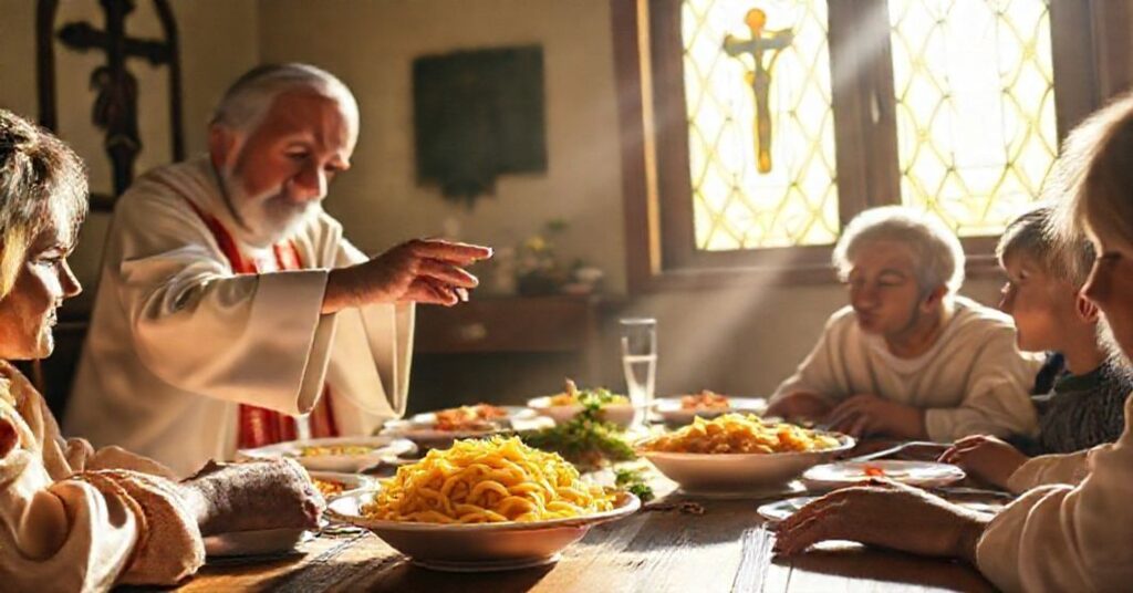 Tradycyjne katolickie posiłkowe zdjęcie z prostym daniem z makaronem na prostym stole z krzyżem w tle.