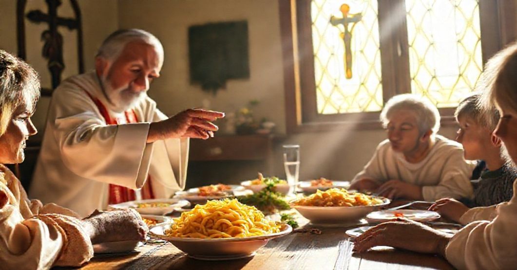 Tradycyjne katolickie posiłkowe zdjęcie z prostym daniem z makaronem na prostym stole z krzyżem w tle.