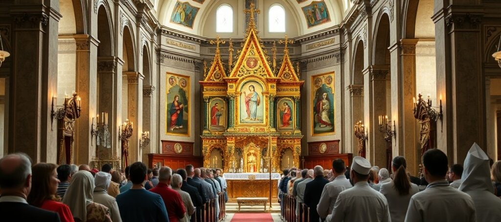 Tradycyjne katolickie prezbiterium z ikonostasem i tabernakulum w kościele.