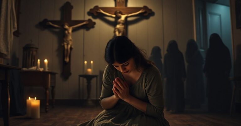 Tradycyjna katolicka scena przedstawiająca moralny kryzys związany z surrogacją w USA. Kobieta w smutku modli się przed krzyżem.