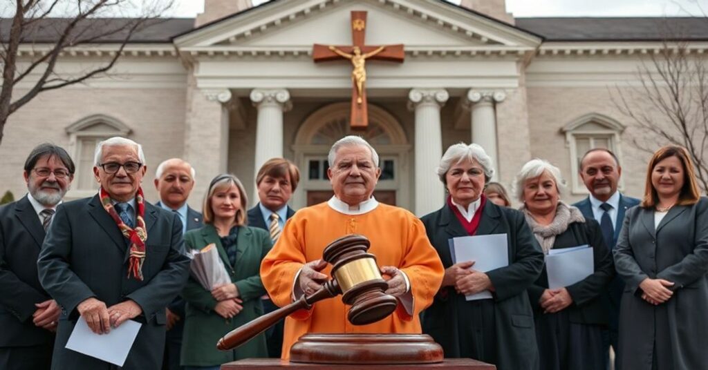 Grupa rodziców i nauczycieli stojących przed katolickim przedszkolem w Denver, w tle gawel sędziowski i dokumenty sądowe symbolizujące sprawę przed Sądem Najwyższym