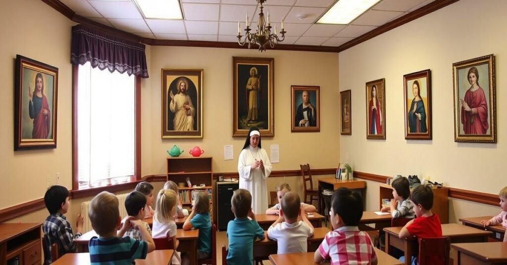 Scena klasy przedszkolnej katolickiej w Kolorado z dziećmi modlącymi się różańcem i siostrą nauczycielką.