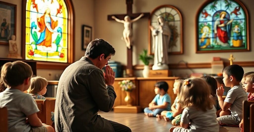 Nauczycielka przedszkola katolickiego modląca się przed krzyżem wraz z dziećmi w tradycyjnym klasie z ikonami religijnymi.
