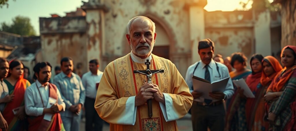 Ksiądz katolicki w tradycyjnych szatach przed zdewastowanym kościołem w Indiach, otoczony prześladowanymi wiernymi.