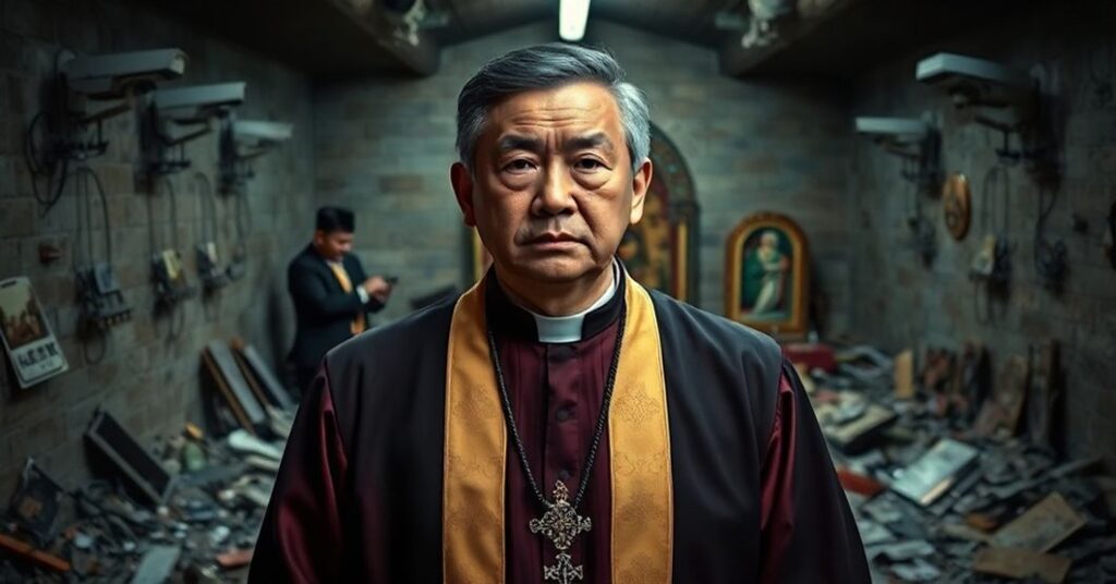 Sobótni kapłan w tradycyjnych szatach modlitwy przed zniszczonym podziemnym kościołem w Chinach
