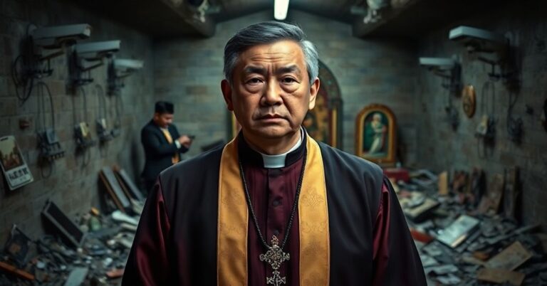 Sobótni kapłan w tradycyjnych szatach modlitwy przed zniszczonym podziemnym kościołem w Chinach