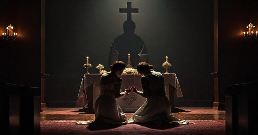 Powiększona para katolicka modli się przed ołtarzem w świątyni, symbolizując świętość małżeństwa.