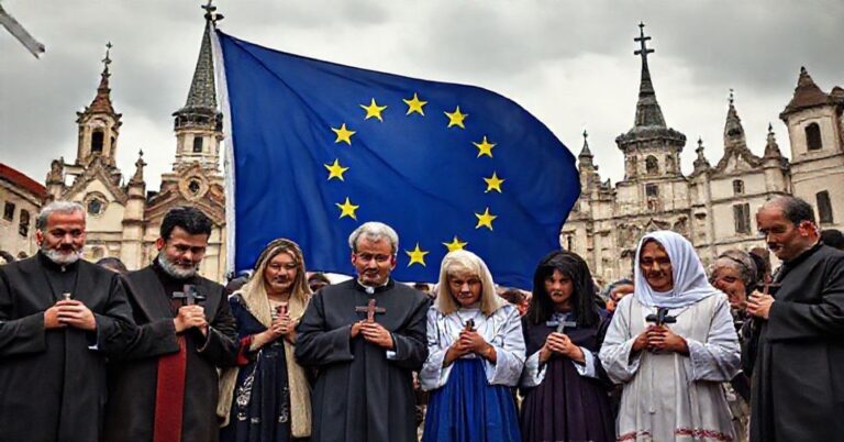 Grupa katolickich rodzin modlących się w obronie wartości chrześcijańskich przed polityką antychrześcijańską Unii Europejskiej.