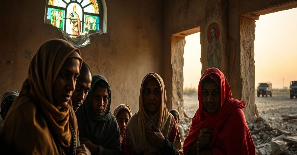 Widok zniszczonej katolickiej wsi w Sudanie z rodzinami szukającymi schronienia w ruinach kościoła. Okrucieństwo wojny kontrastuje z wiarą wiertnych.
