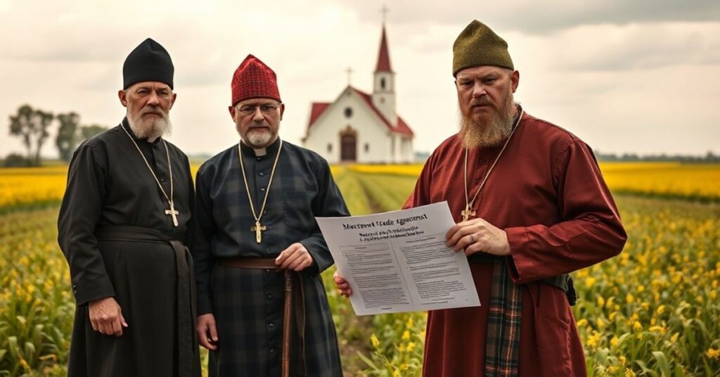 Polscy rolnicy w tradycyjnych strojach stoją na polskim wsiłu z zestawionymi twarzami, trzymając dokument umowy z Mercosur. Na tle kościoł katolicki symbolizują konflikt między nowoczesną gospodarką a katolickimi zasadami sprawiedliwości społecznej.