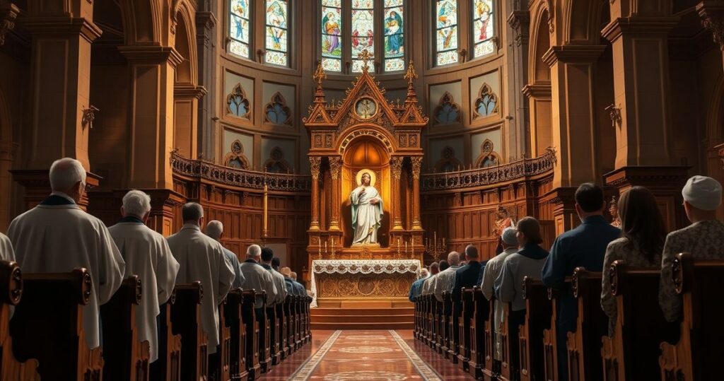 Sanktuarium katolickie, wierni modlący się przed Najświętszym Sakramentem, odzwierciedlenie prawdziwej, tradycyjnej liturgii w duchu katolickim, krytyka modernistycznych praktyk