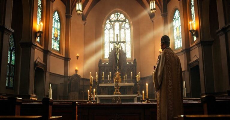 Sanktuarium katolickie w modlitwie, kapłan w liturgicznych szatach przy ołtarzu, podkreślając duchowe wartości w obliczu militarystycznych zagrożeń