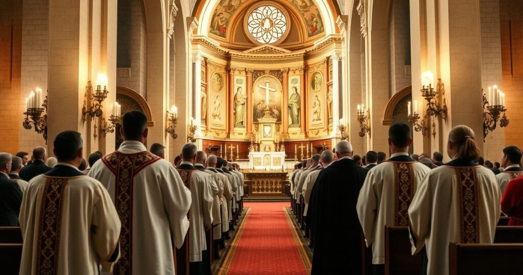 Sanktuarium katolickie z duchowym skupieniem, kapłani w tradycyjnych szatach, sceny modlitewne, wyraz głębokiej troski o wiarę i prawdę katolicką