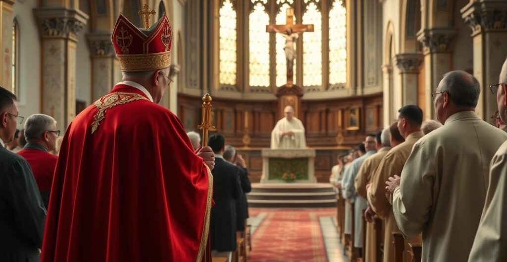 Kadr pokazujący uczestnictwo w tradycyjnej Mszy w sanktuarium Matki Bożej Częstochowskiej, z poważnym duchownym i wiernymi w modlitwie