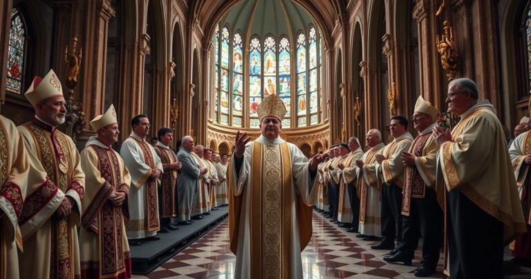 Sanktuarium katolickie z kapłanem w tradycyjnych szatach, modlitwą lub błogosławieństwem, ukazujące duchową powagę i wierność katolickiej doktrynie