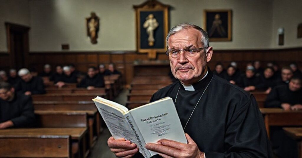 Sala seminarium katolickiego z seminarianami w sutannach, stary portret Piusa X i nowoczesne podręczniki dla księdza