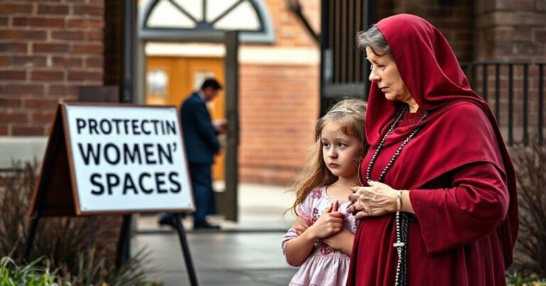 Matka i córka stoją przed szkołą publiczną, obserwując tablicę z napisem 'Ochrona przestrzeni kobiecych', symbolizującą katolicką perspektywę na kryzys płciowy i potrzebę Bożej interwencji.