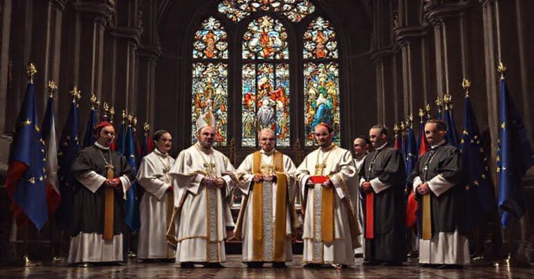 Tradycyjna katolicka scena przedstawiająca konflikt między agendą sodomitów UE a prawem naturalnym. "Biskupi" z COMECE w nowoczesnych ornatach stoją przed flagami europejskimi i dokumentami prawnymi.