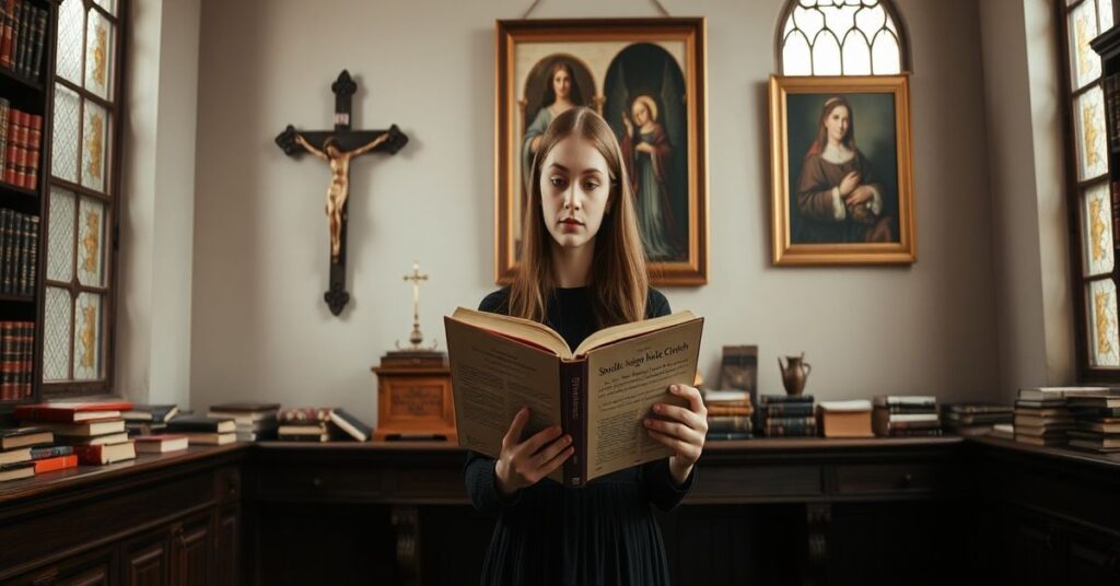 Monika Ochędowska czyta książkę Anne Carson w tradycyjnym katolickim pomieszczeniu studium