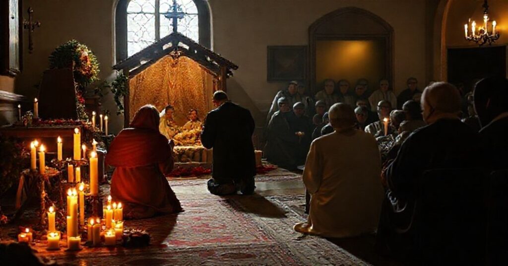 Rekonstrukcja sceny ukazującej kontrast między tradycyjnym katolickim świętowaniem Bożego Narodzenia a zebraniem ormiańskich schizmatyków.