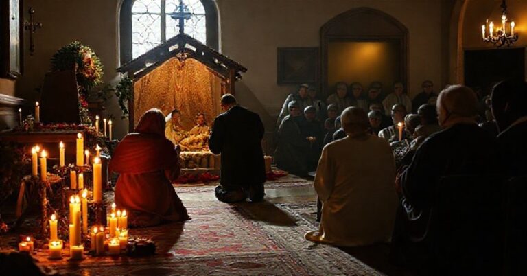 Rekonstrukcja sceny ukazującej kontrast między tradycyjnym katolickim świętowaniem Bożego Narodzenia a zebraniem ormiańskich schizmatyków.