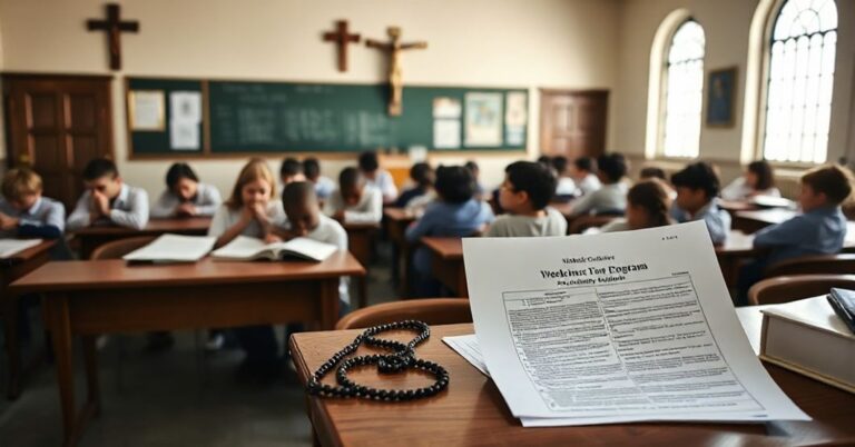 Sala szkolna katolicka z tradycyjnymi książkami katechetycznymi, krucyfiksem i uczniami modlącymi się na różańcach w tle dokumentu programu bonów edukacyjnych na biurku nauczyciela.
