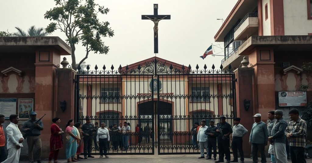 Zdjęcie przedstawiające zamknięte katolickie szkoły w Dace w Bangladeszu z powodu politycznej niestabilności, z rodzicami i uczniami zgromadzonymi przed zamkniętymi bramami.